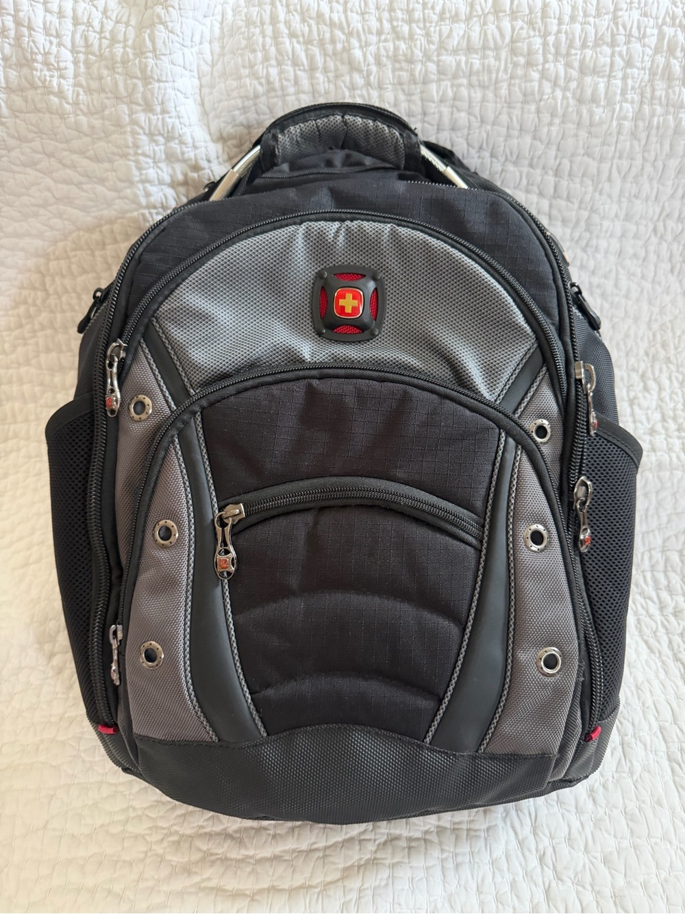 SwissGear Black and Gray Backpack with Red Logo Accent